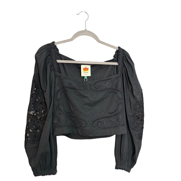 Farm Rio Cotton Embroidered Puff Sleeve Blouse Black Boho sz Large NWT - Picture 4 of 11